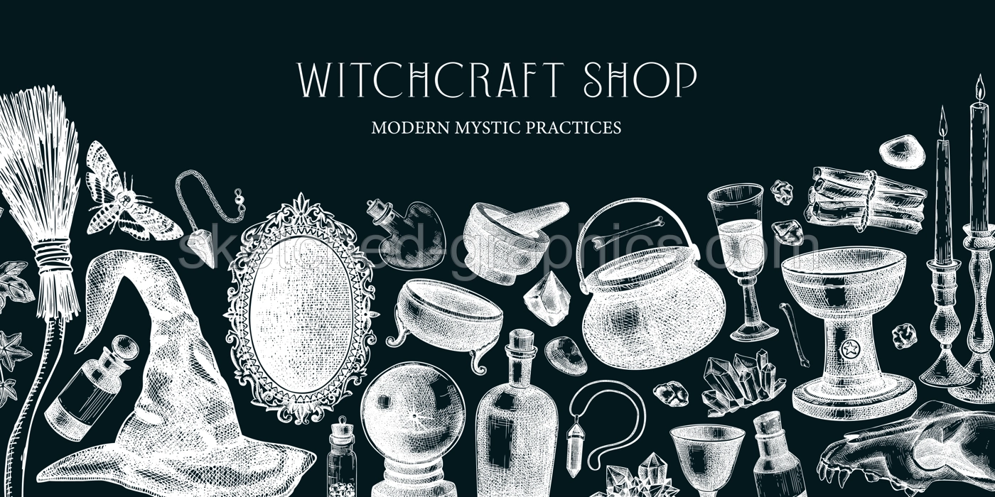 Sketch style witchcraft banner. Vinatge Halloween background. Hand-drawn vector illustration on chalkboard. Antique apothecary design. Witchcraft shop border. NOT AI generated Illustration